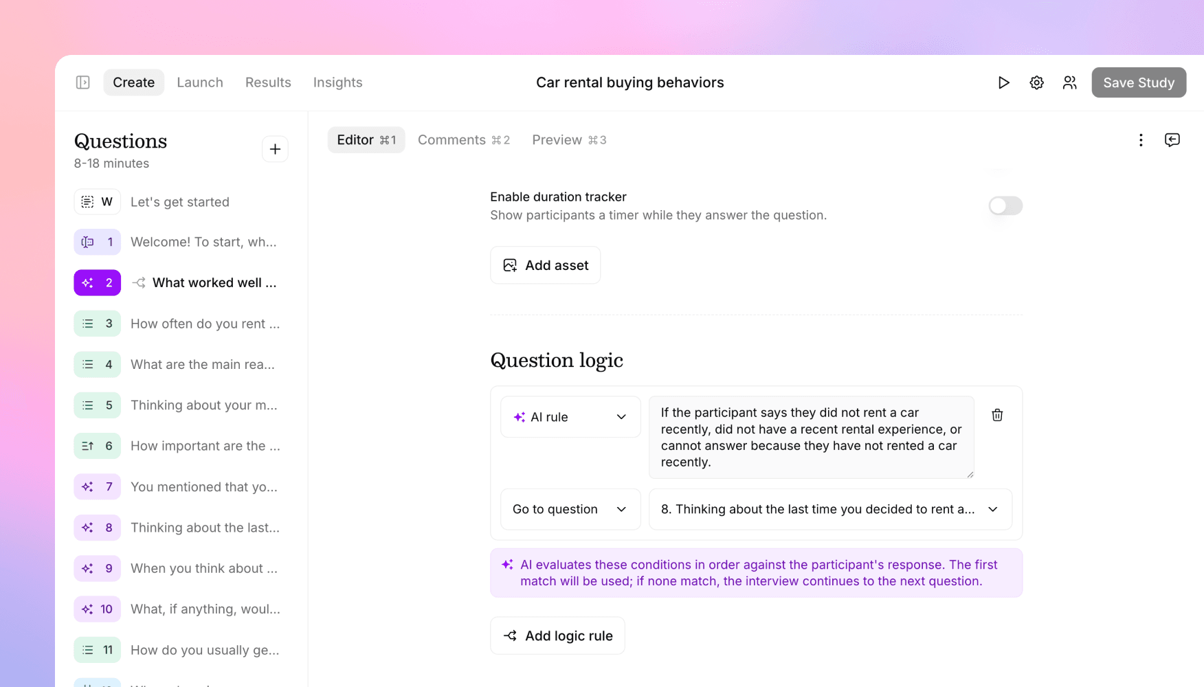 Smarter skip logic, survey studies, and background AI tests