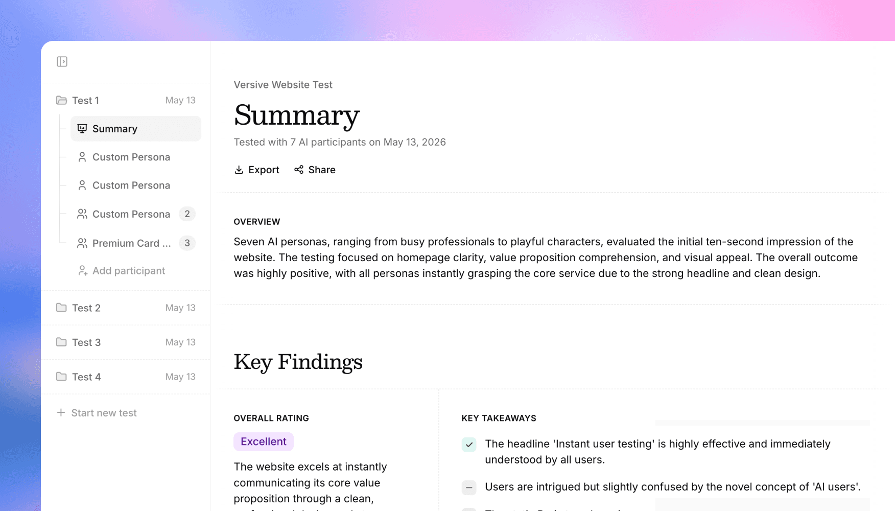 AI Tests: projects, richer results, and personas